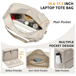 Sac cabas beige spacieux pour ordinateur portable avec multiples poches et ouverture à 180 degrés.