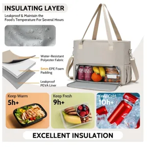 Détail de sac à lunch isotherme montrant un tissu imperméable multicouche et une doublure PEVA.