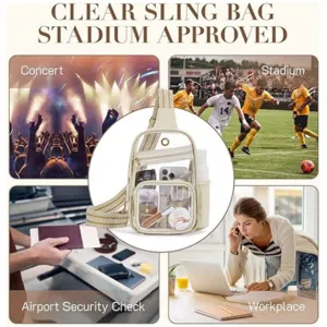 Clear sling bag stadium approved transparent crossbody bag with patterned strap and side mesh pocket.