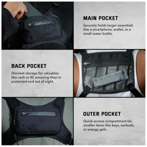 Detailed view of tactical chest bag showing multi-pocket design, mesh storage, and secure zipper.