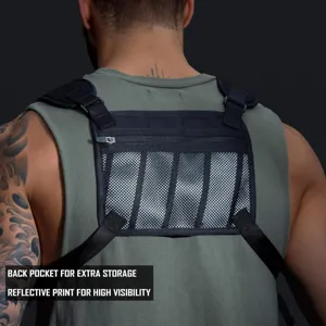 Detail view of tactical chest bag back pocket, breathable mesh design, reflective high visibility.