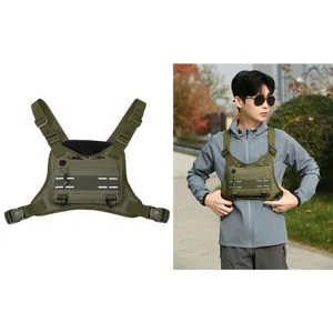 Tactical chest bag detail view showing durable nylon material, adjustable straps and pockets.
