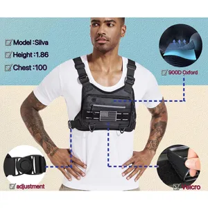 Tactical chest bag detail showing 900D oxford fabric, adjustable buckle and velcro fastener.
