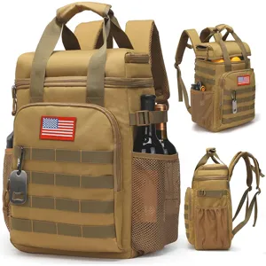 Large capacity tactical cooler backpack insulated oxford picnic bag with molle webbing and flag patch.