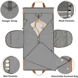 Detailed view of convertible travel garment suit bag features, mesh pockets and wet storage.