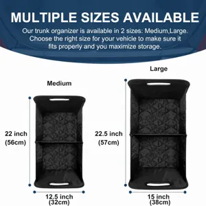 Trunk organizer detail size chart showing medium and large dimensions for optimal car storage.