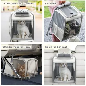 Breathable pet cat backpack carrier with clear window for travel, walking and outdoor use.