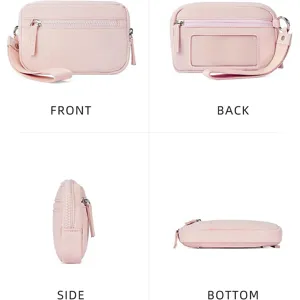 Pink quilted mini nylon wallet for women with wrist strap, featuring multi-angle views.