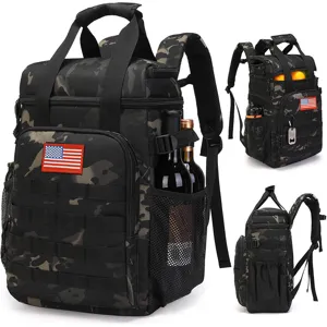 Detailed view of tactical cooler backpack side mesh pocket and molle webbing design.