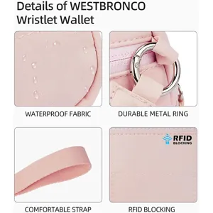 Pink nylon wristlet wallet detail showing waterproof fabric, metal ring, and RFID blocking.