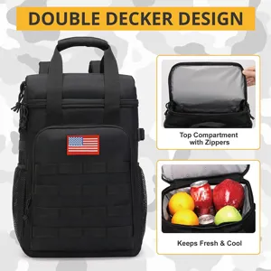 Detail view of the black tactical cooler backpack top zipper compartment and fresh keeping interior.