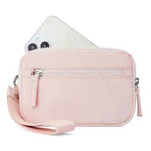 Women Quilted Nylon Mini Wallet Mobile Phone Bag Casual Zipper Wristlet Purse Solid Color Card Holder Travel Handbag