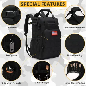 Tactical cooler backpack with large capacity, MOLLE webbing and multiple pockets for picnic.