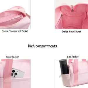 Borsa sportiva rosa con scomparti multipli, borsa da viaggio impermeabile con tasche utili.