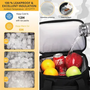 Detail view of black insulated cooler bag showing leakproof feature, ice retention and easy cleaning.