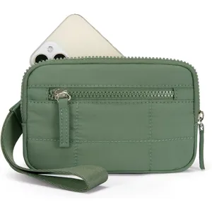 Detail view of the green quilted nylon mini wallet and phone bag featuring a handy wrist strap.