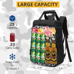 Detail view of the large capacity tactical cooler backpack, showing thermal insulation and storage.
