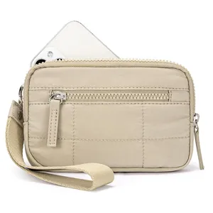 Quilted nylon mini wallet wristlet handbag detail showcasing phone compartment and zipper.