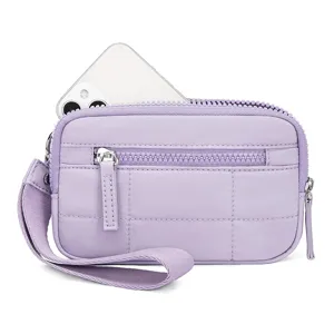 Detail view of the cute Korean style mini quilted nylon women wallet phone bag in light purple.