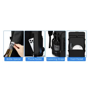 Black insulated cooler backpack with bottle opener, phone pocket and multiple straps.