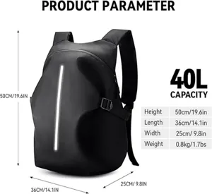 Detailed dimension and capacity view of black motorcycle riding backpack with reflective strip.