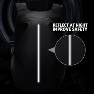 Waterproof motorcycle backpack detail showing bright reflective safety stripe for night riding.