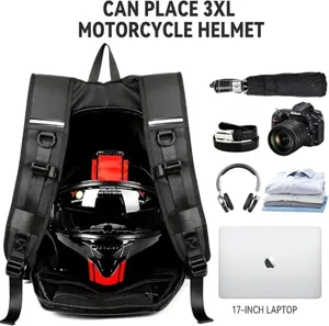Large capacity backpack detail showing 3XL helmet storage space and multiple daily item slots.