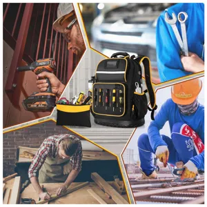 Heavy duty tool backpack with molded hard base, multiple pockets and tool slots for professional workers.