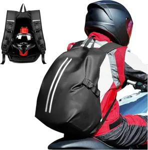Detail view of large capacity motorcycle helmet backpack with reflective stripes and waterproof design.