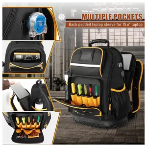 Heavy duty tool backpack with hard molded base and multiple pockets for 15.6 inch laptop