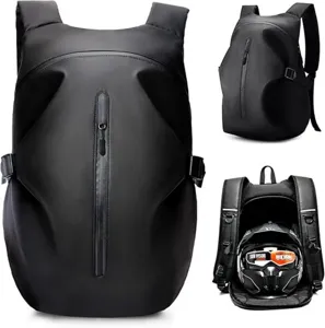 Waterproof motorcycle riding backpack with large capacity helmet storage for travel and sports.