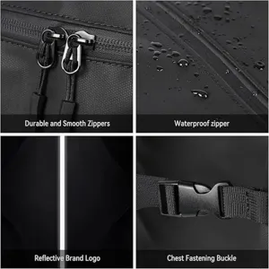 Close up view of the durable waterproof cycling backpack zipper, buckle and reflective logo details.