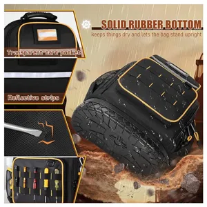 Heavy duty tool backpack with solid rubber bottom and waterproof multi-pocket design for laptop.