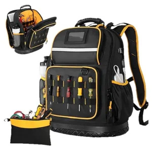 Heavy Duty Tool Backpack Waterproof Nylon Work Bag With Hard Base Multiple Pockets Laptop Sleeve For Men Women Travel