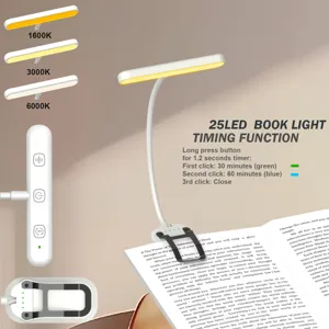 LED clip-on book reading light with 25 beads, 3 color temperatures, and timer function.