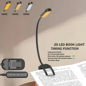 Detalle de luz de lectura LED, cuello de cisne flexible, temperaturas de color, clip de mesa.