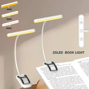 Flexible LED book light detail with clip, adjustable color temperatures and Type-C charging.