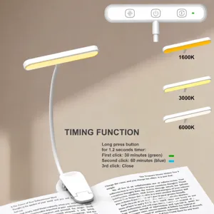LED book light with adjustable color temperature 1600K 3000K 6000K and timer function for reading.