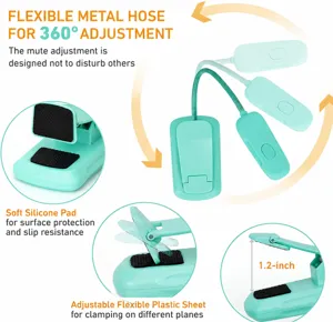 Portable clip-on reading light with 360-degree flexible metal hose and non-slip silicone pad.