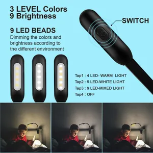 Draagbare LED boeklamp met 3 kleurmodi, 9 helderheidsniveaus en USB oplaadbaar ontwerp voor lezen.