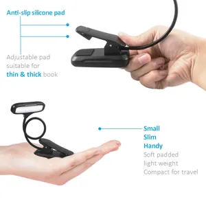 Portable LED clip-on book reading light with flexible gooseneck and rechargeable battery.