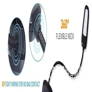 Detail van de LED leeslamp met flexibele 360 graden nek en sterke bedrading constructie.