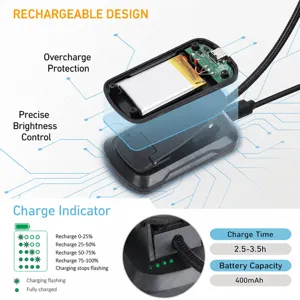 Rechargeable LED reading desk lamp with clip, 400mAh battery capacity and overcharge protection.