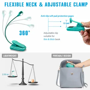 LED clip-on reading book light with flexible 360-degree goose neck and adjustable clamp.