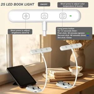 Rechargeable 25 LED book light with adjustable brightness, color temperature, and timer functions.