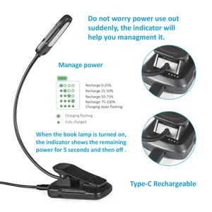 Rechargeable LED Clip-on Book Light with Flexible Gooseneck and Type-C Charging Port.