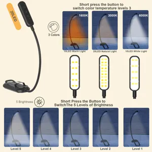 Lámpara de lectura LED con pinza y cuello flexible, 3 modos de color y 5 niveles de brillo útil.