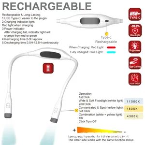 Rechargeable LED neck reading light with USB Type-C and adjustable color temperatures.