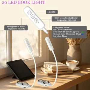 Lámpara de lectura LED recargable con pinza, 5 niveles de brillo y temporizador.