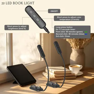 Luz de Lectura 20 LED con Pinza Lámpara Brillo y Temperatura de Color Ajustables con Temporizador